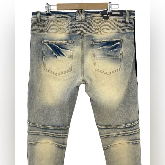 PREME Eldredge Rhinestone Stripe Denim 36x33 Light Wash Distressed Moto Jeans - Picture 9 of 16